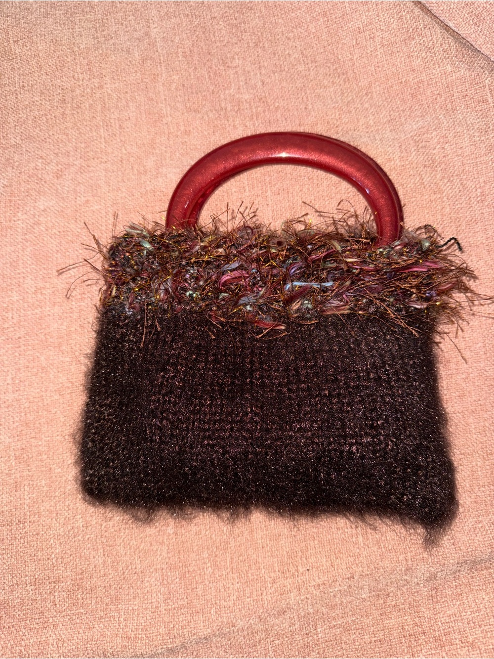 Vintage Y2K Hand Knit Fuzzy Mini Handbag with Resin Ring Handles